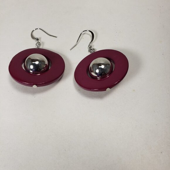 Polished Silver tone Bead Burgundy Purple Hoop Teardrop Earrings for Women - Picture 4 of 6